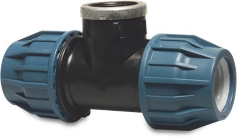 Afbeeldingen van Jason T-stuk 90° PP 25 mm x 1/2" x 25 mm knel x binnendraad x knel 16bar zwart/blauw DVGW/KIWA/WRAS