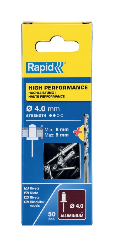 Afbeeldingen van Rapid 4x12mm High Performance blindklinknagels 50 st. + boor, Blister
