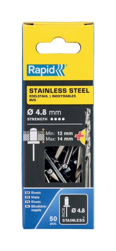 Afbeeldingen van Rapid 4,8x18mm RVS blindklinknagels 50 st. + boor, Blister