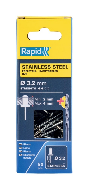 Afbeeldingen van Rapid 3,2x8mm RVS blindklinknagels 50 st. + boor, Blister