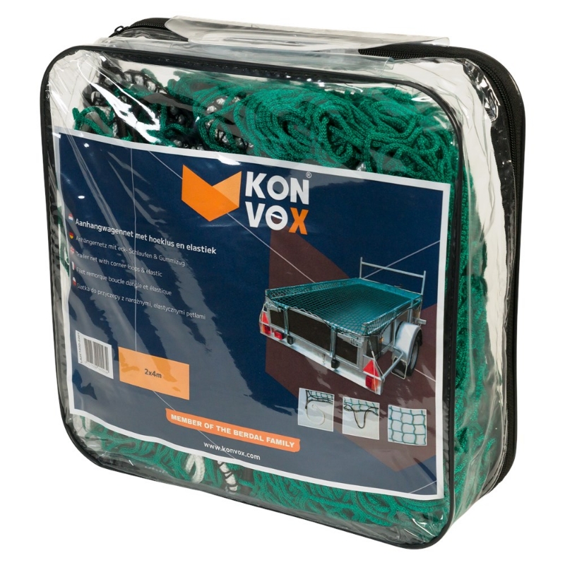 Afbeeldingen van Konvox Aanhangwnet met hoeklus en elastiek 2x4m Groen